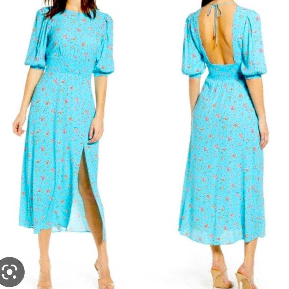 AFRM Blue Floral Smocked Waist Open Black Dress Size XS